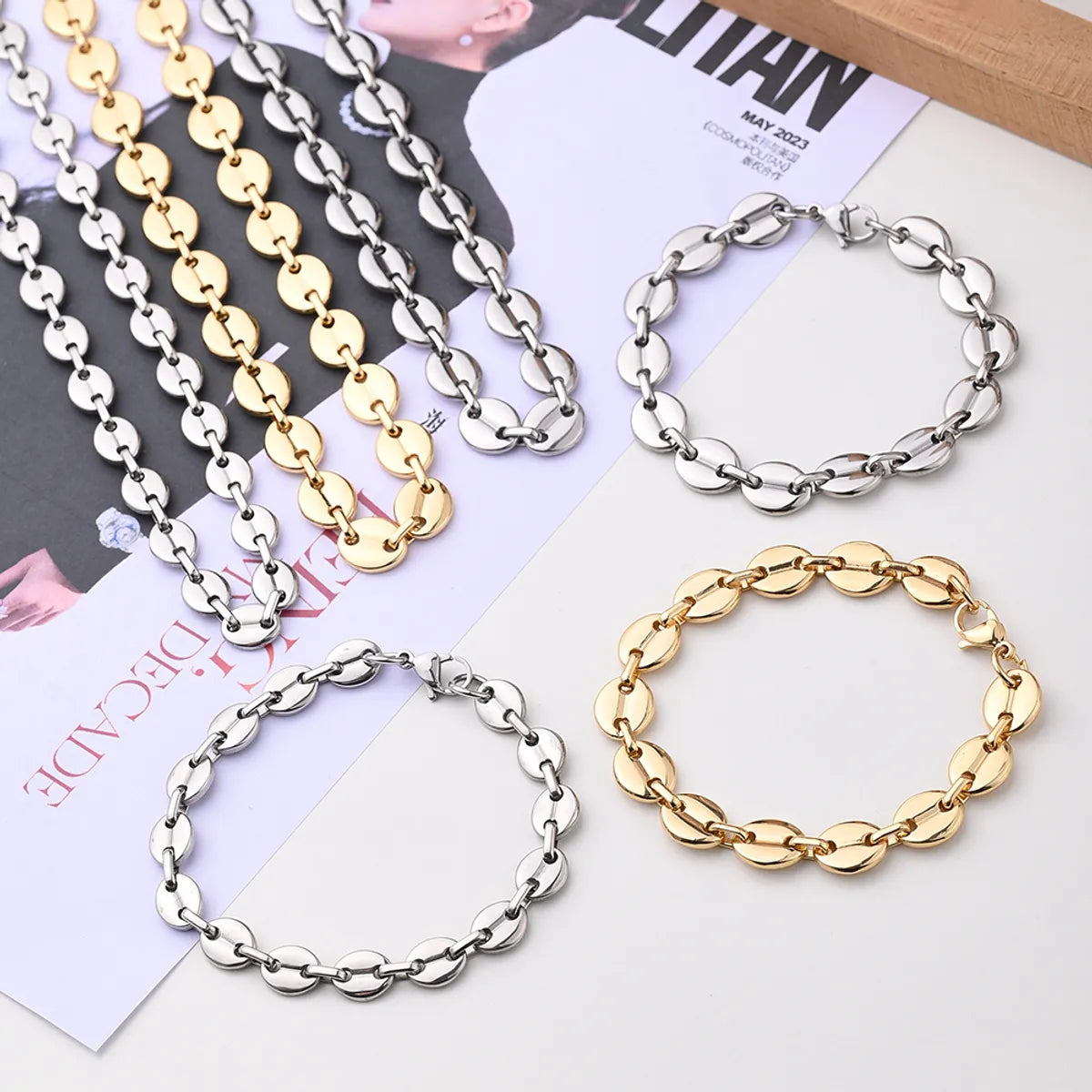 Wholesale Jewelry IG Style Hip-Hop Streetwear Coffee Beans Simple Solid Color 304 Stainless Steel 18K Gold Plated Handmade Polishing Plating Bracelets Necklace Jewelry Set