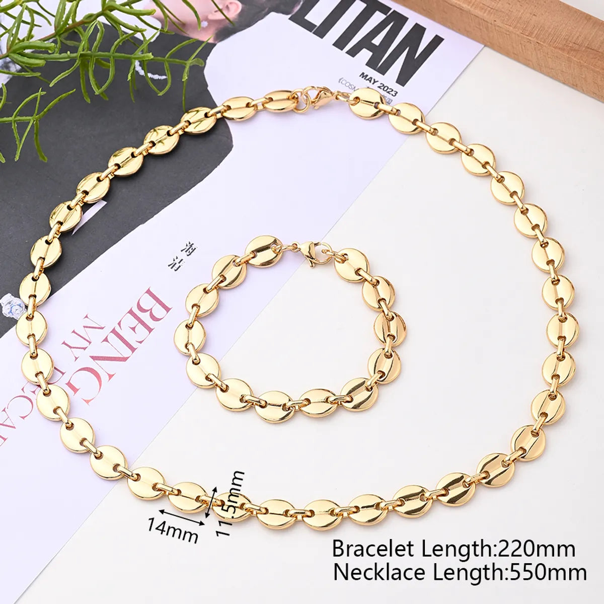 Wholesale Jewelry IG Style Hip-Hop Streetwear Coffee Beans Simple Solid Color 304 Stainless Steel 18K Gold Plated Handmade Polishing Plating Bracelets Necklace Jewelry Set