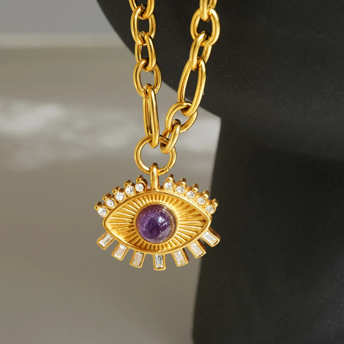 Wholesale Jewelry IG Style Retro Devil'S Eye Titanium Steel Zircon 18K Gold Plated Hollow Out Inlay Pendant Necklace