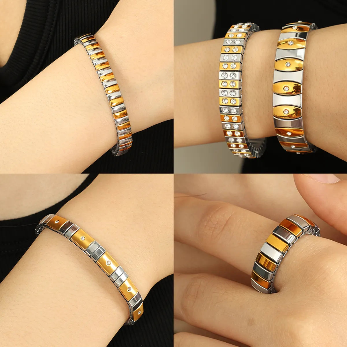 Wholesale Jewelry IG Style Retro Simple Style Circle 304 Stainless Steel Rhinestones 18K Gold Plated Polishing Inlay Rings Bracelets