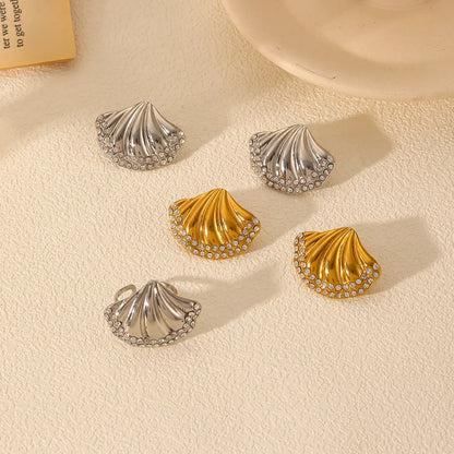 Wholesale Jewelry IG Style Scallop 304 Stainless Steel Zircon 18K Gold Plated Polishing Plating Inlay Rings Earrings