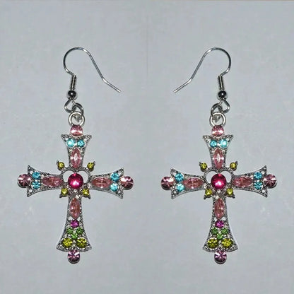 1 Pair Ig Style Shiny Cross Inlay Alloy Rhinestones Drop Earrings