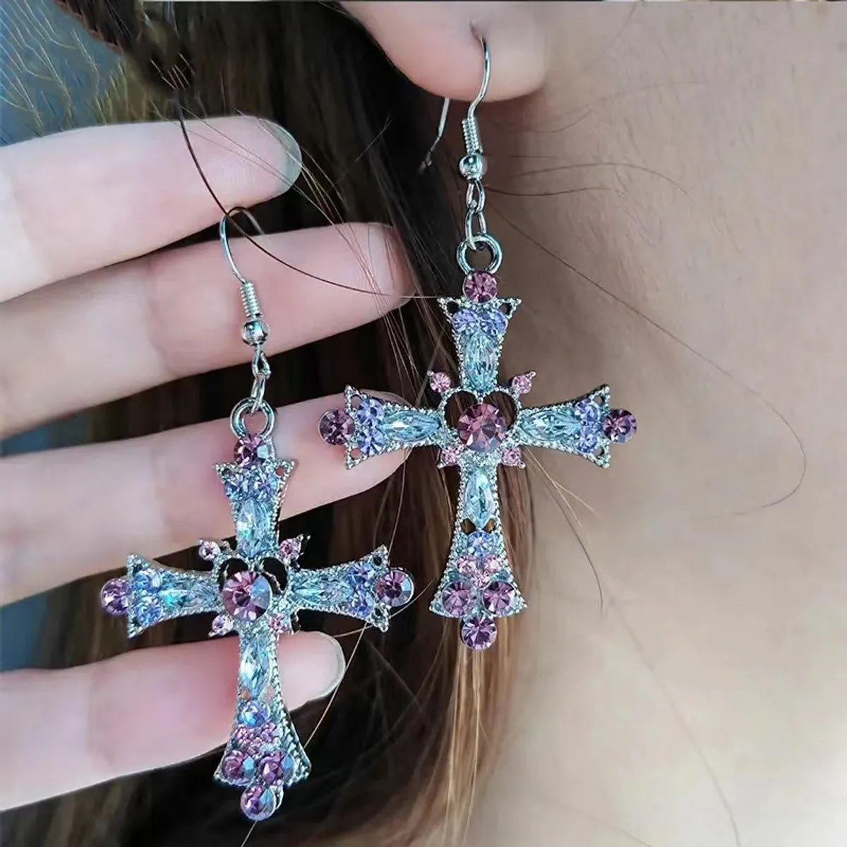 1 Pair Ig Style Shiny Cross Inlay Alloy Rhinestones Drop Earrings