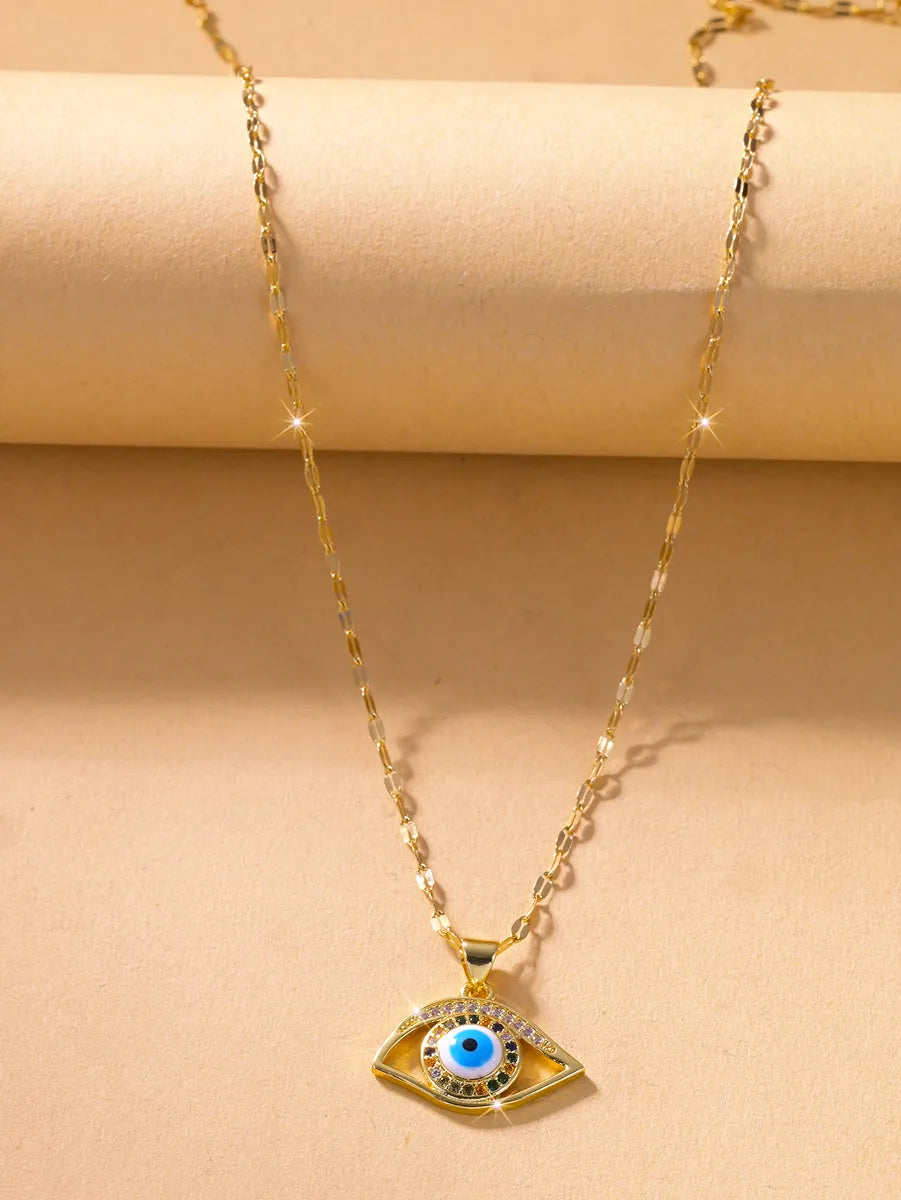 Wholesale Jewelry IG Style Shiny Eye Titanium Steel Zircon Hollow Out Inlay Pendant Necklace