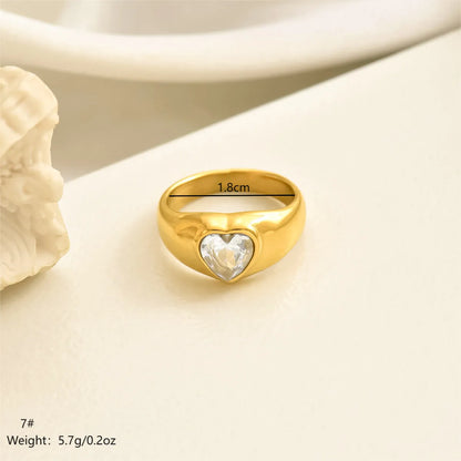 Wholesale Jewelry IG Style Shiny Heart Shape 304 Stainless Steel Zircon 14K Gold Plated Polishing Inlay Rings