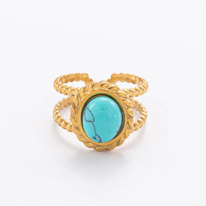 Wholesale Jewelry IG Style Simple Style Oval 304 Stainless Steel Natural Stone 18K Gold Plated Inlay Open Rings