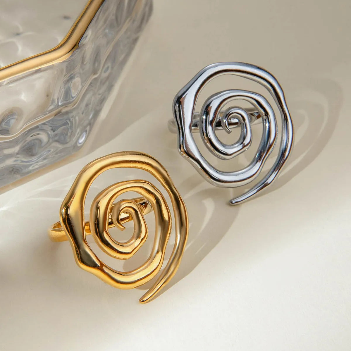 Wholesale Jewelry IG Style Spiral Thread 304 Stainless Steel 18K Gold Plated Plating Open Rings