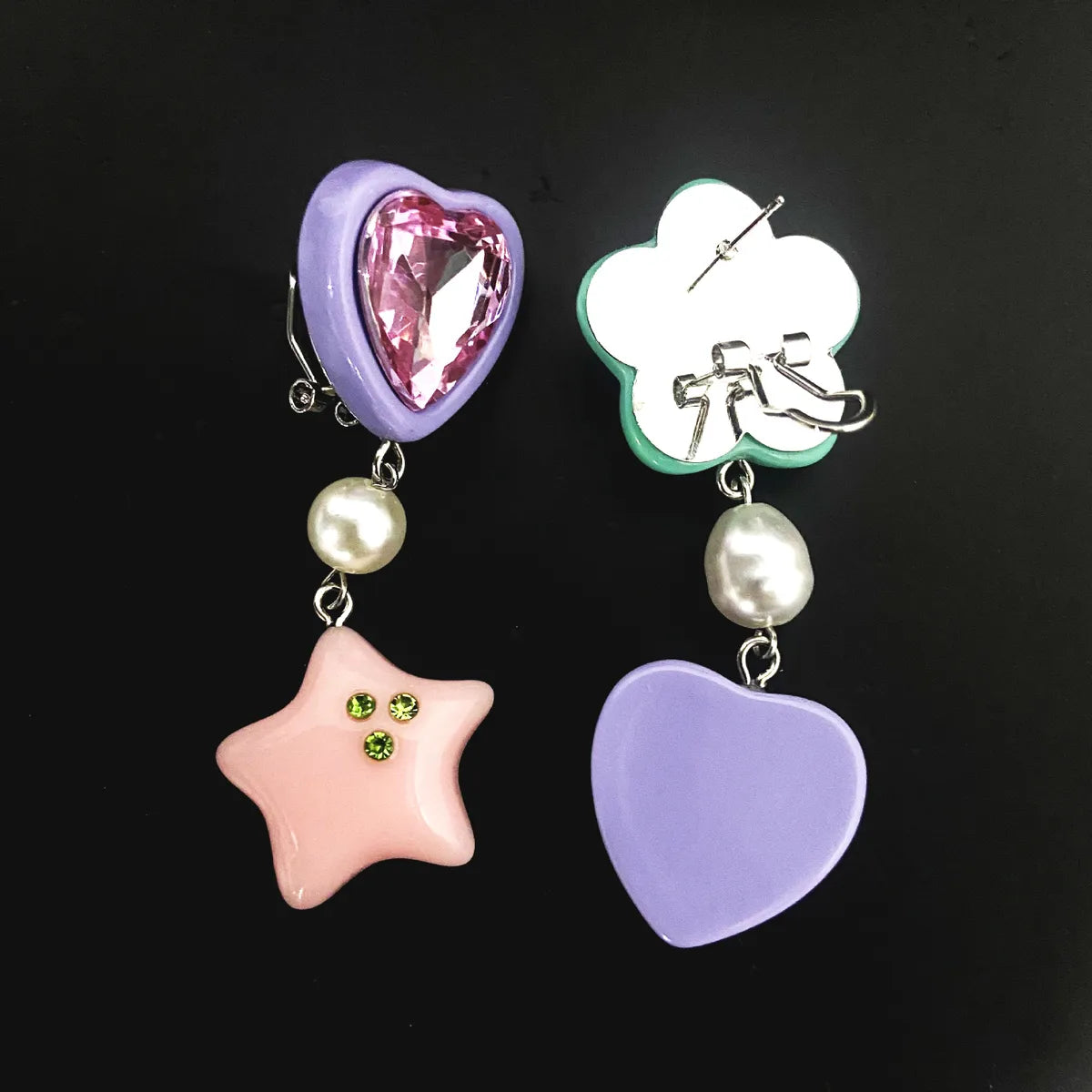 Wholesale Jewelry Ig Style Star Heart Shape Arylic Alloy Resin Artificial Gemstones Rhinestones Asymmetrical Pearl Inlay Drop Earrings