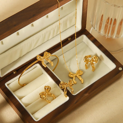 Wholesale Jewelry IG Style Sweet Bow Knot 304 Stainless Steel 18K Gold Plated Polishing Rings Earrings Necklace