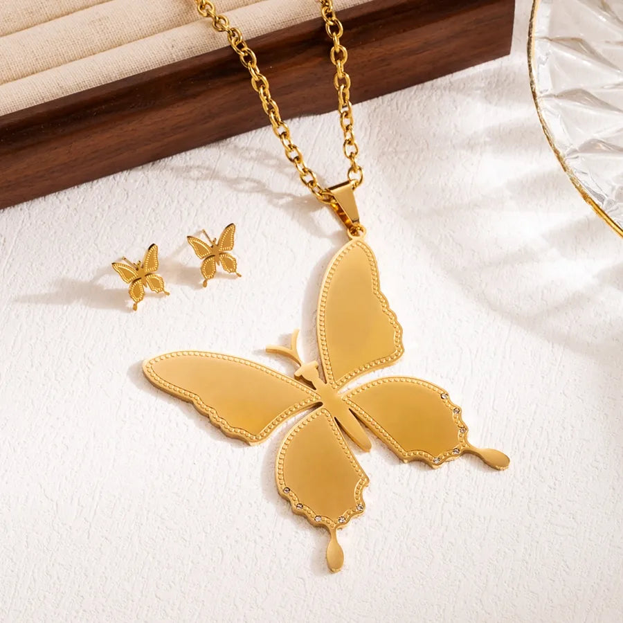 Wholesale Jewelry IG Style Sweet Butterfly 304 Stainless Steel Zircon 18K Gold Plated Jewelry Set