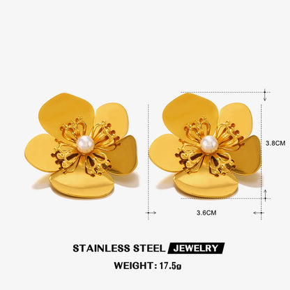 Wholesale Jewelry IG Style Sweet Flower 304 Stainless Steel Artificial Pearls 18K Gold Plated Hollow Out Inlay Rings Earrings