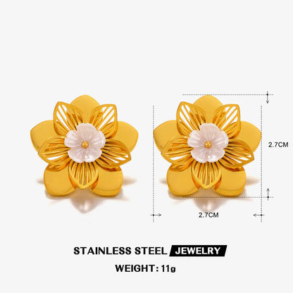 Wholesale Jewelry IG Style Sweet Flower 304 Stainless Steel Artificial Pearls 18K Gold Plated Hollow Out Inlay Rings Earrings