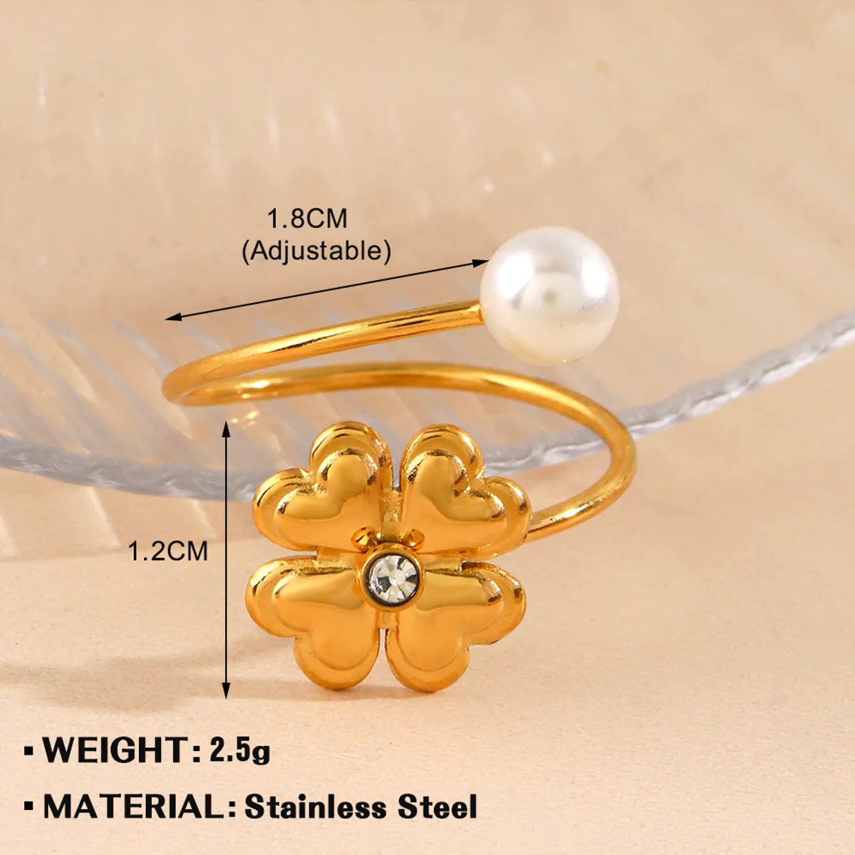 Wholesale Jewelry IG Style Sweet Four Leaf Clover 304 Stainless Steel Pearl Zircon Inlay Open Rings