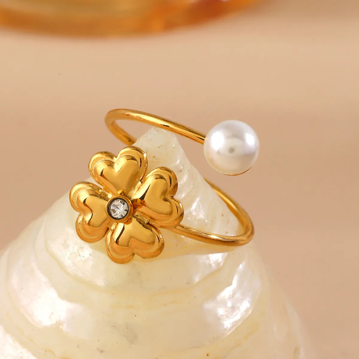 Wholesale Jewelry IG Style Sweet Four Leaf Clover 304 Stainless Steel Pearl Zircon Inlay Open Rings