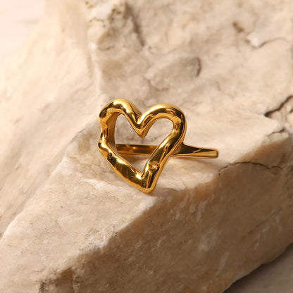 Wholesale Jewelry IG Style Sweet Heart Shape 304 Stainless Steel 18K Gold Plated Hollow Out Rings