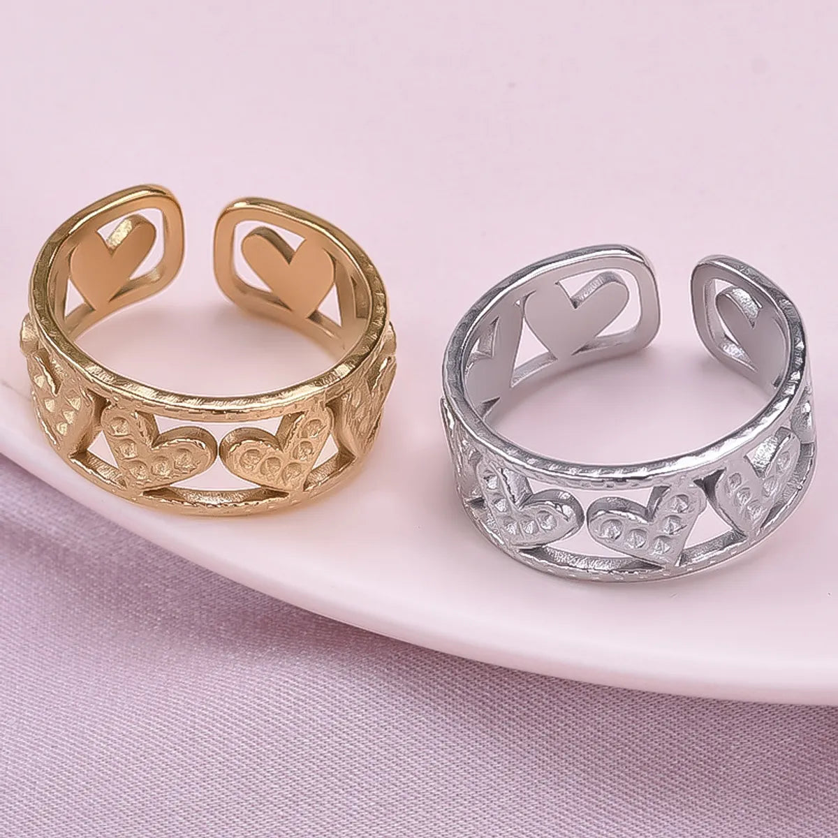 Wholesale Jewelry IG Style Sweet Heart Shape 304 Stainless Steel 18K Gold Plated Polishing Hollow Out Open Rings