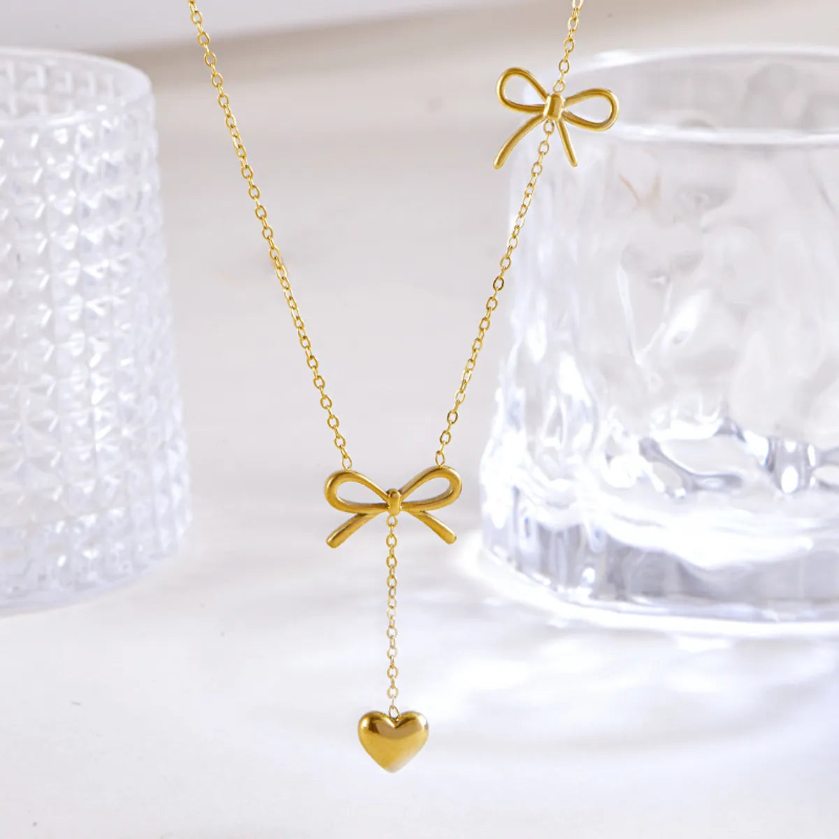 Wholesale Jewelry IG Style Sweet Heart Shape Bow Knot Titanium Steel Earrings Necklace