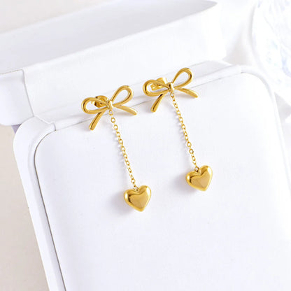 Wholesale Jewelry IG Style Sweet Heart Shape Bow Knot Titanium Steel Earrings Necklace