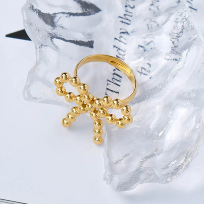 Wholesale Jewelry IG Style Sweet Korean Style Bow Knot 304 Stainless Steel 14K Gold Plated Hollow Out Open Rings