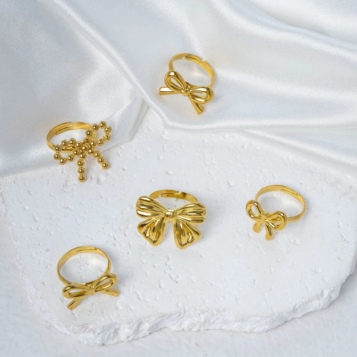 Wholesale Jewelry IG Style Sweet Korean Style Bow Knot 304 Stainless Steel 14K Gold Plated Hollow Out Open Rings