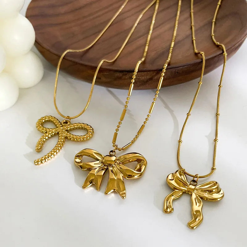 Wholesale Jewelry IG Style Sweet Simple Style Bow Knot 316L Stainless Steel  18K Gold Plated Pendant Necklace