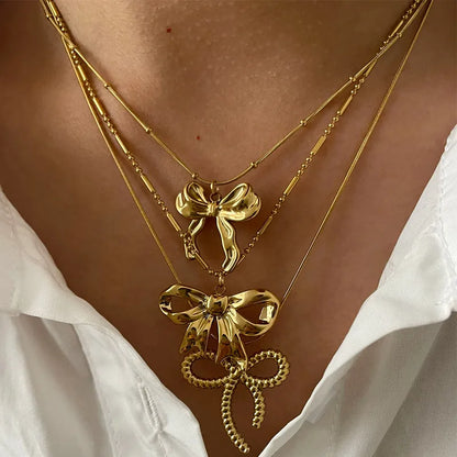 Wholesale Jewelry IG Style Sweet Simple Style Bow Knot 316L Stainless Steel  18K Gold Plated Pendant Necklace