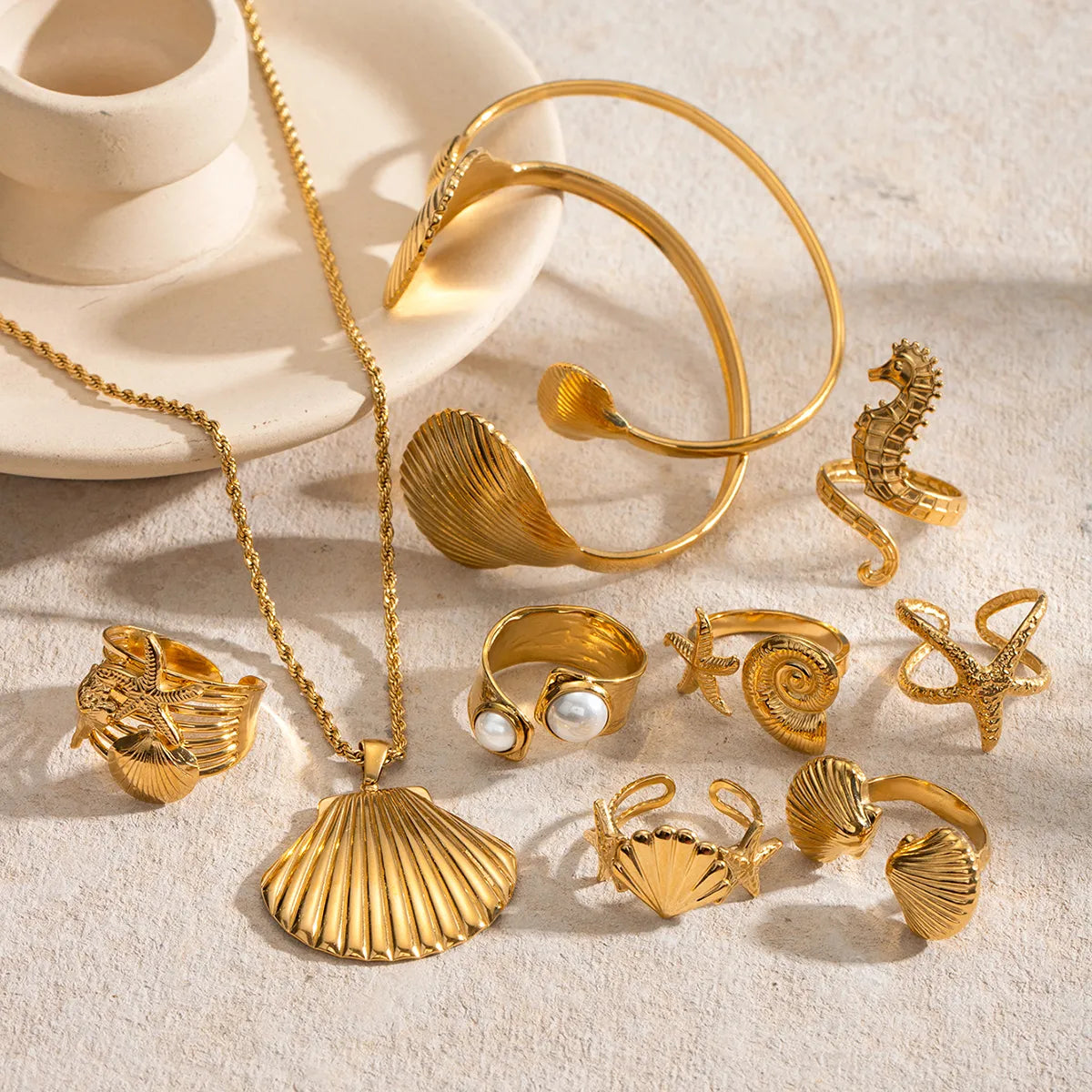 Wholesale Jewelry IG Style Vacation Simple Style Starfish Hippocampus Shell 304 Stainless Steel Artificial Pearls 18K Gold Plated Scallop Inlay Rings Earrings Necklace