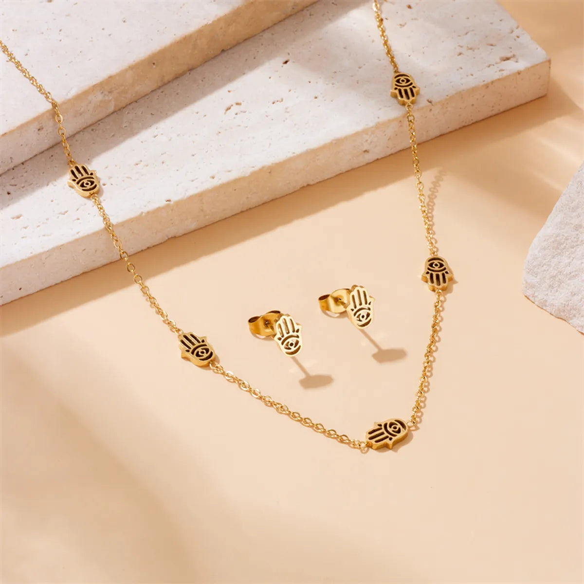 Wholesale Jewelry IG Style Vintage Style Hand Of Fatima 304 Stainless Steel 18K Gold Plated Hollow Out Jewelry Set