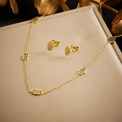 Wholesale Jewelry IG Style Vintage Style Hand Of Fatima 304 Stainless Steel 18K Gold Plated Hollow Out Jewelry Set