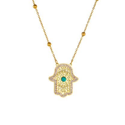 Wholesale Jewelry IG Style Vintage Style Hand Of Fatima 304 Stainless Steel Turquoise Zircon 18K Gold Plated Hollow Out Inlay Jewelry Set