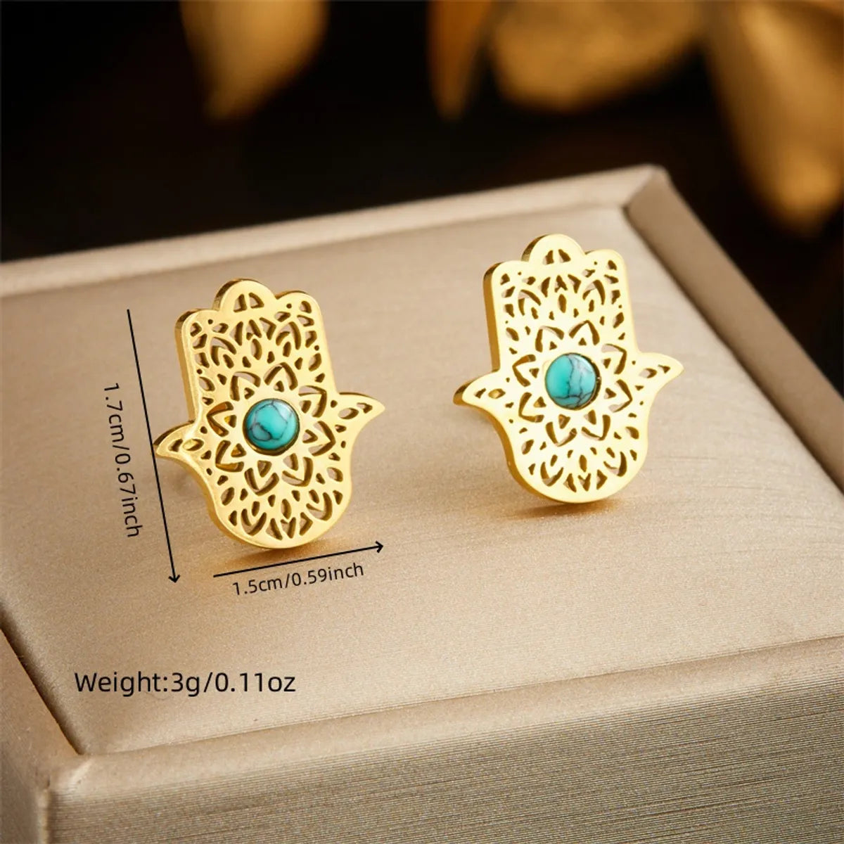 Wholesale Jewelry IG Style Vintage Style Hand Of Fatima 304 Stainless Steel Turquoise Zircon 18K Gold Plated Hollow Out Inlay Jewelry Set