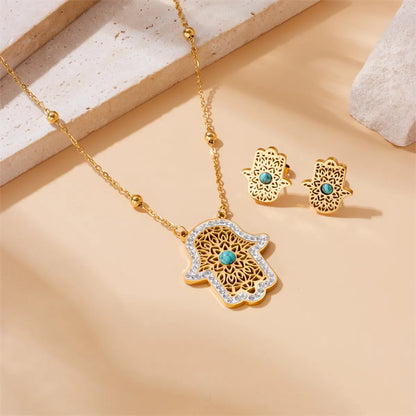 Wholesale Jewelry IG Style Vintage Style Hand Of Fatima 304 Stainless Steel Turquoise Zircon 18K Gold Plated Hollow Out Inlay Jewelry Set