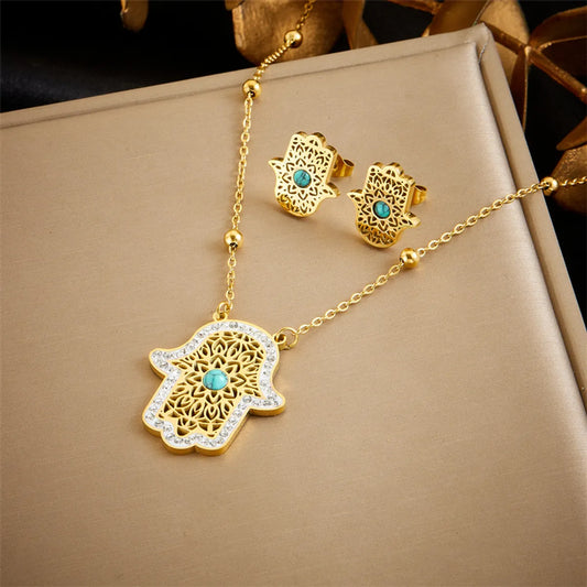 Wholesale Jewelry IG Style Vintage Style Hand Of Fatima 304 Stainless Steel Turquoise Zircon 18K Gold Plated Hollow Out Inlay Jewelry Set