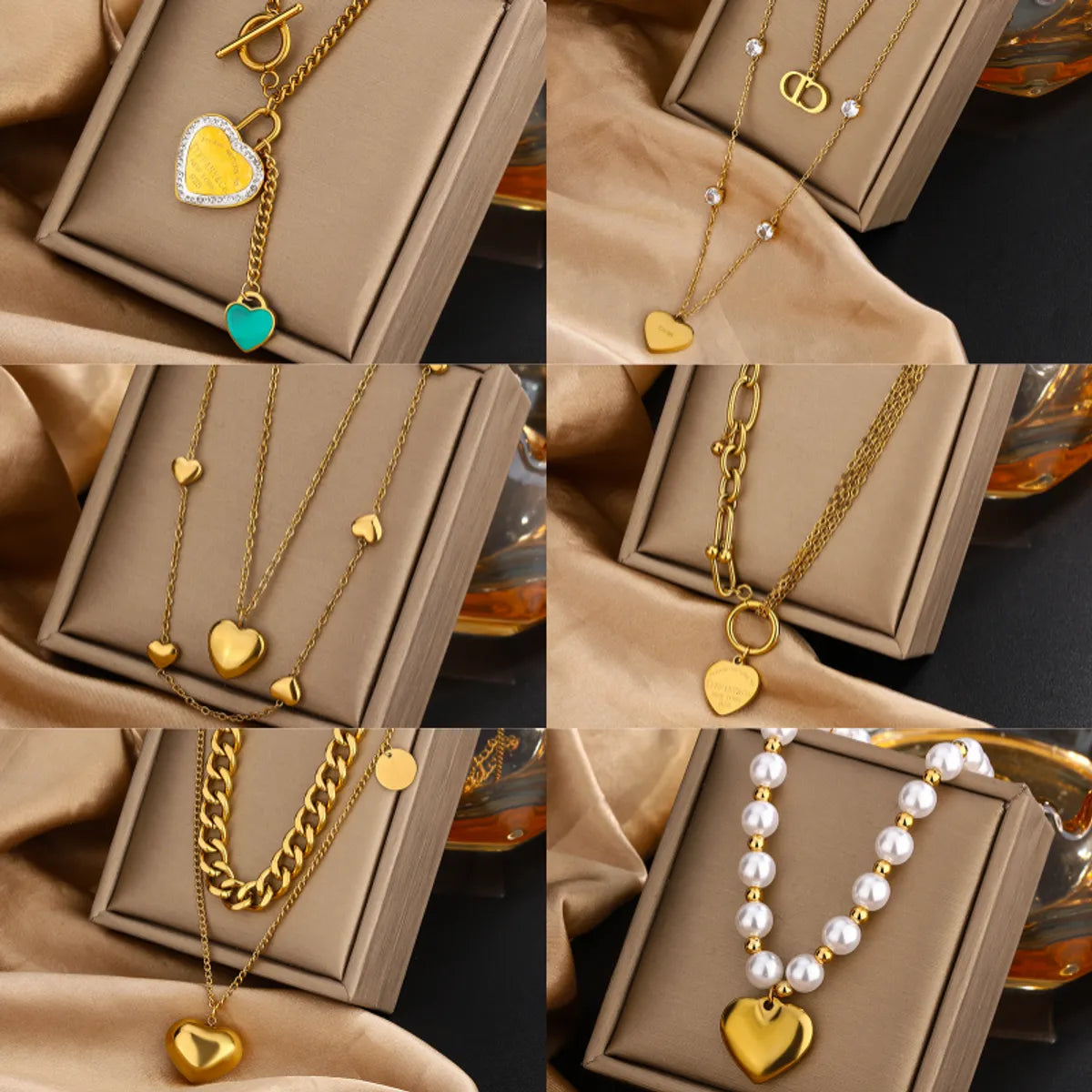 Wholesale Jewelry IG Style Vintage Style Letter Heart Shape 304 Stainless Steel Artificial Pearls Rhinestones Zircon 18K Gold Plated Enamel Plating Inlay Double Layer Necklaces Pendant Necklace