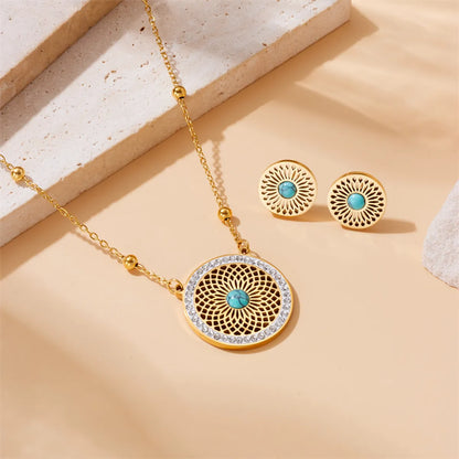 Wholesale Jewelry IG Style Vintage Style Round 304 Stainless Steel Turquoise Zircon 18K Gold Plated Hollow Out Inlay Jewelry Set