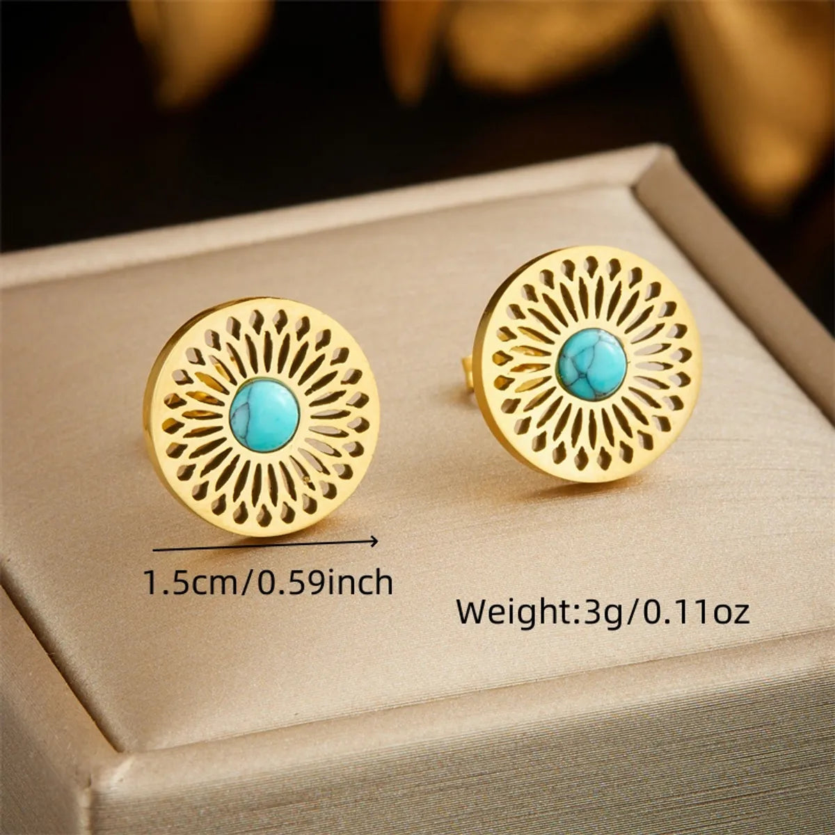 Wholesale Jewelry IG Style Vintage Style Round 304 Stainless Steel Turquoise Zircon 18K Gold Plated Hollow Out Inlay Jewelry Set