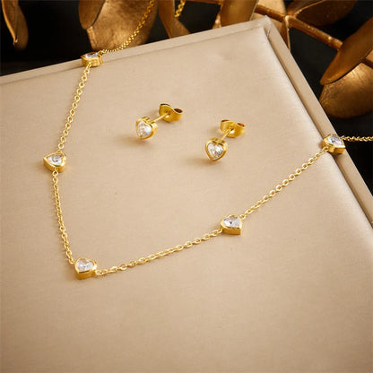 Wholesale Jewelry IG Style Vintage Style Sweet Heart Shape 304 Stainless Steel Rhinestones 18K Gold Plated Inlay Jewelry Set