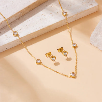 Wholesale Jewelry IG Style Vintage Style Sweet Heart Shape 304 Stainless Steel Rhinestones 18K Gold Plated Inlay Jewelry Set