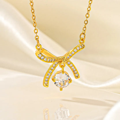 Wholesale Jewelry Japanese Style Bow Knot Titanium Steel Zircon Plating Pendant Necklace