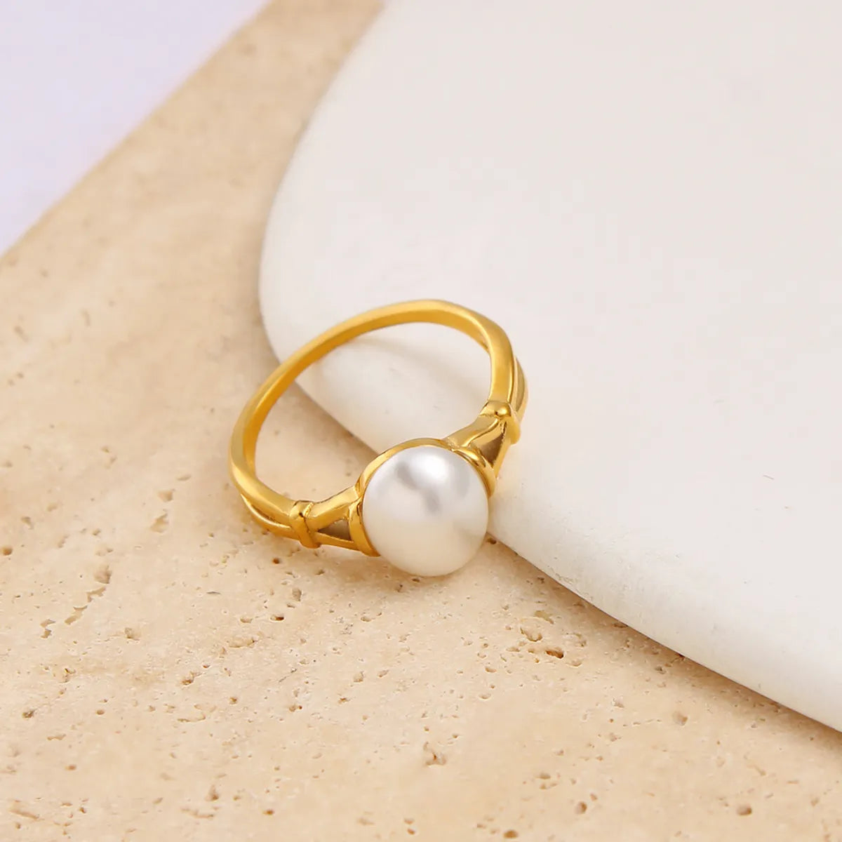 Wholesale Jewelry Japanese Style Sweet Commute Round 304 Stainless Steel Glass Pearl 18K Gold Plated Inlay Rings