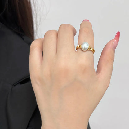 Wholesale Jewelry Japanese Style Sweet Commute Round 304 Stainless Steel Glass Pearl 18K Gold Plated Inlay Rings