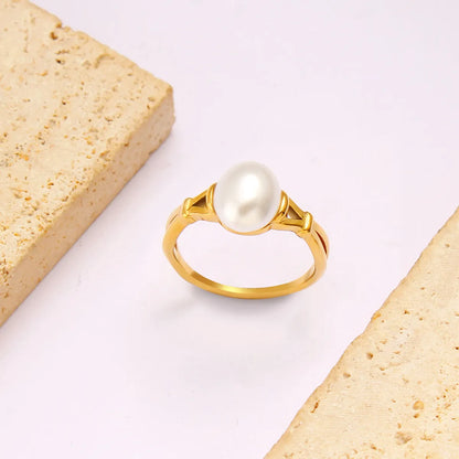 Wholesale Jewelry Japanese Style Sweet Commute Round 304 Stainless Steel Glass Pearl 18K Gold Plated Inlay Rings