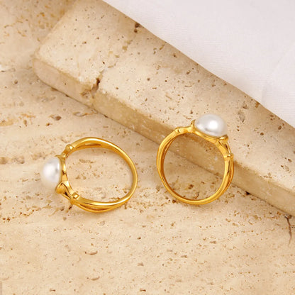 Wholesale Jewelry Japanese Style Sweet Commute Round 304 Stainless Steel Glass Pearl 18K Gold Plated Inlay Rings