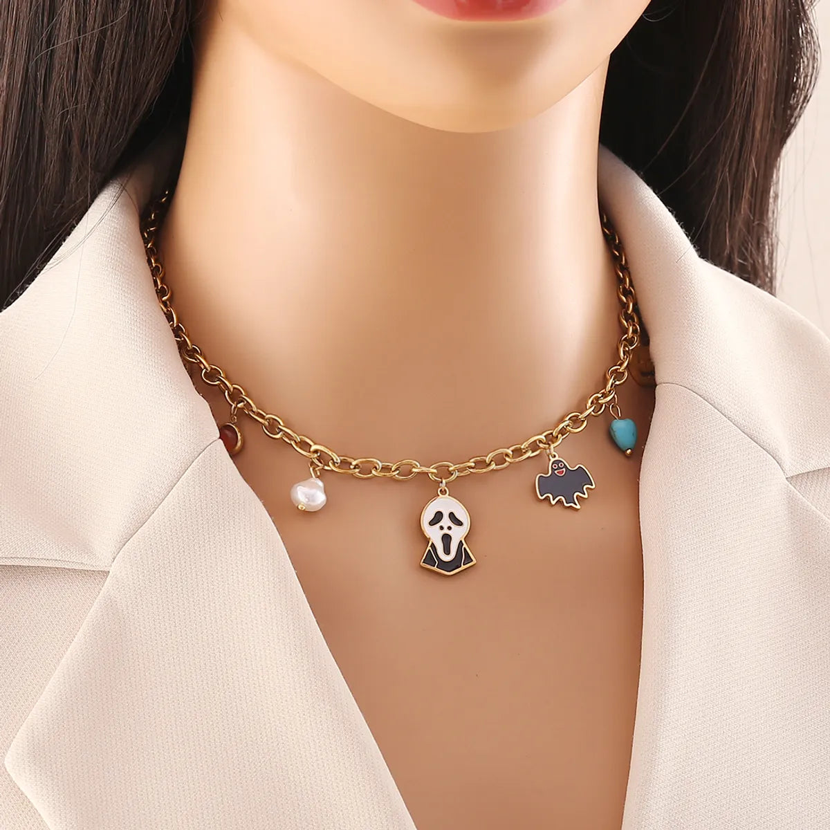 Wholesale Jewelry Lady Funny Pumpkin Skull 304 Stainless Steel 18K Gold Plated Plating Jewelry Set