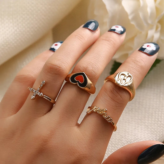 Cross-border New Arrival Ring Set European And American Fashion Diamond Two-color Dripping Oil Love Heart-shaped Ring Combination 4-piece Ring Female