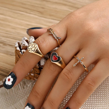 Cross-border New Arrival Ring Set European And American Fashion Diamond Two-color Dripping Oil Love Heart-shaped Ring Combination 4-piece Ring Female