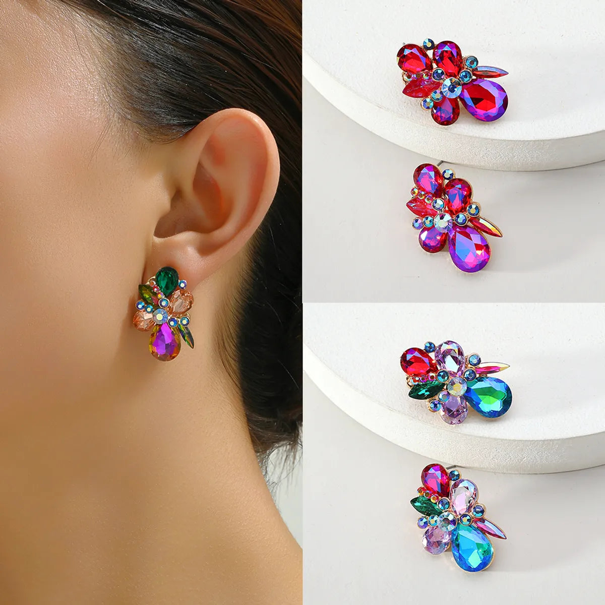 1 Pair Luxurious Lady Shiny Flower Layered Inlay Zinc Alloy Glass Ear Studs