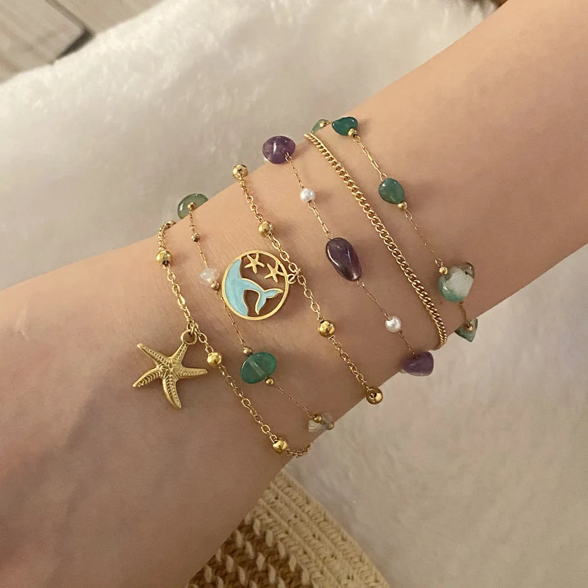 Wholesale Jewelry Marine Style Beach Classic Style Starfish Dolphin Shell 304 Stainless Steel Artificial Pearls Natural Stone 18K Gold Plated Inlay Bracelets Necklace