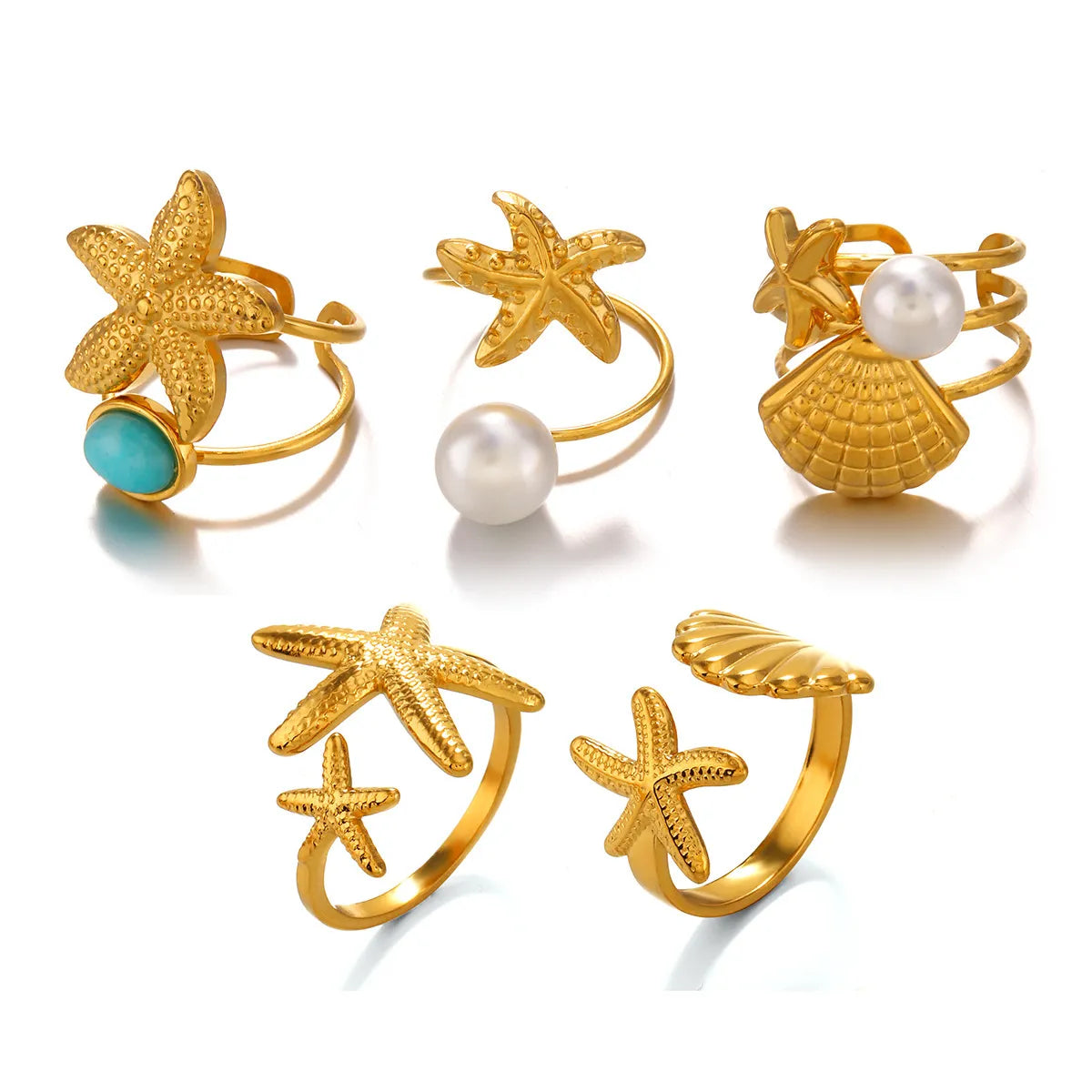 Wholesale Jewelry Marine Style Beach Scallop Starfish 304 Stainless Steel Artificial Pearls Turquoise Plating Inlay Open Rings