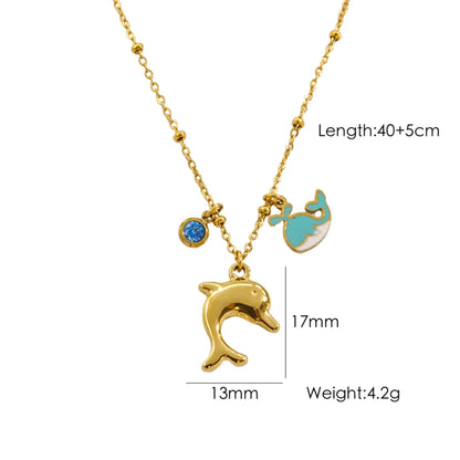 Wholesale Jewelry Marine Style Beach Tropical Starfish Dolphin Shell 304 Stainless Steel Rhinestones Shell 14K Gold Plated Enamel Plating Inlay Pendant Necklace